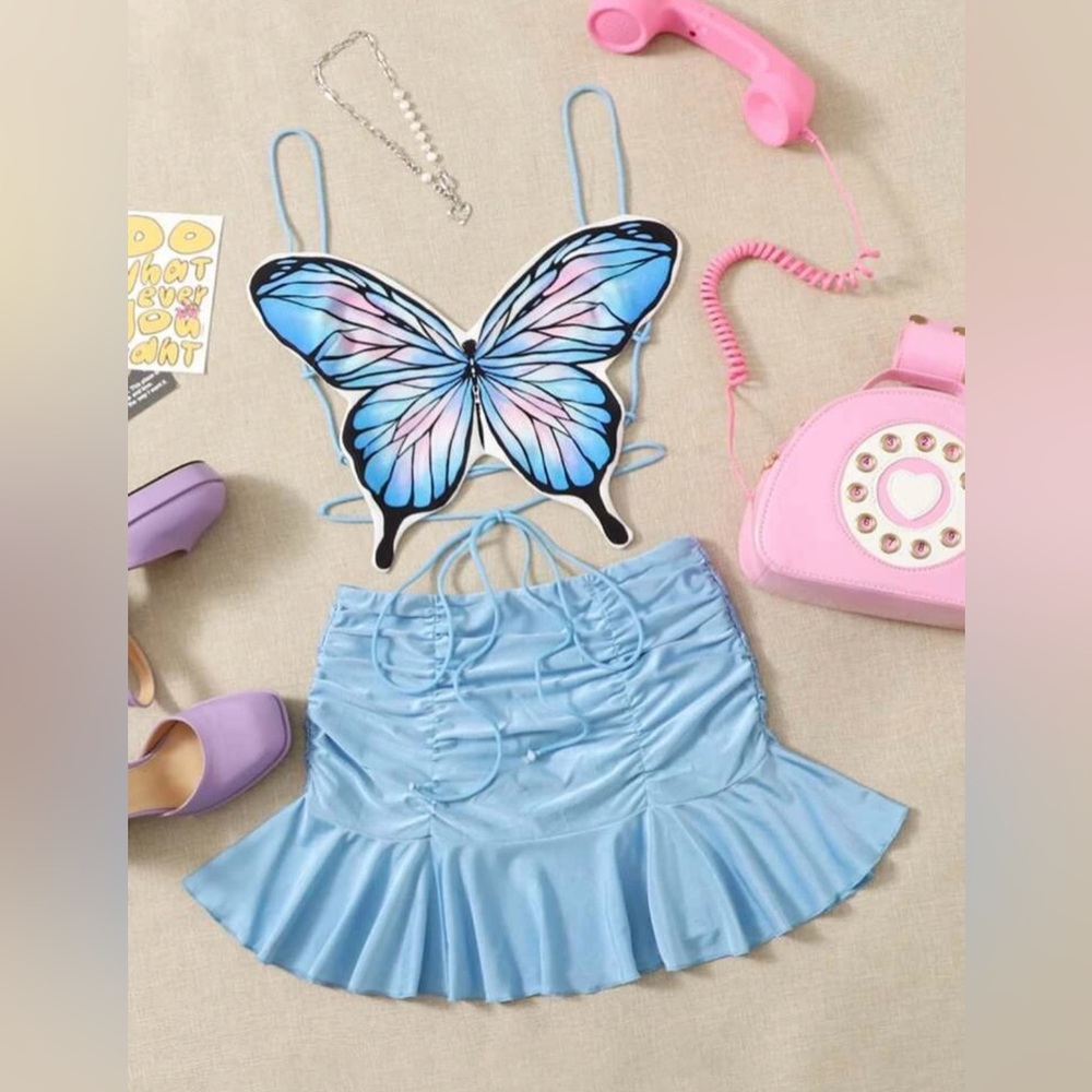 90s Butterfly
Print Tie Backless Cami Top & Ruched Ruffle Hem Skirt